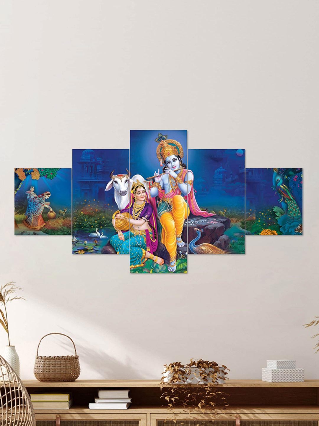 

Clasiko Set Of 5 Radha Krishna With Cow 3D Wall Painting With Frame, Blue