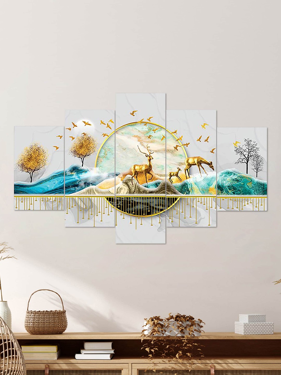 

Clasiko Set Of 5 White & Blue Golden Deers With Ring Wall Painting