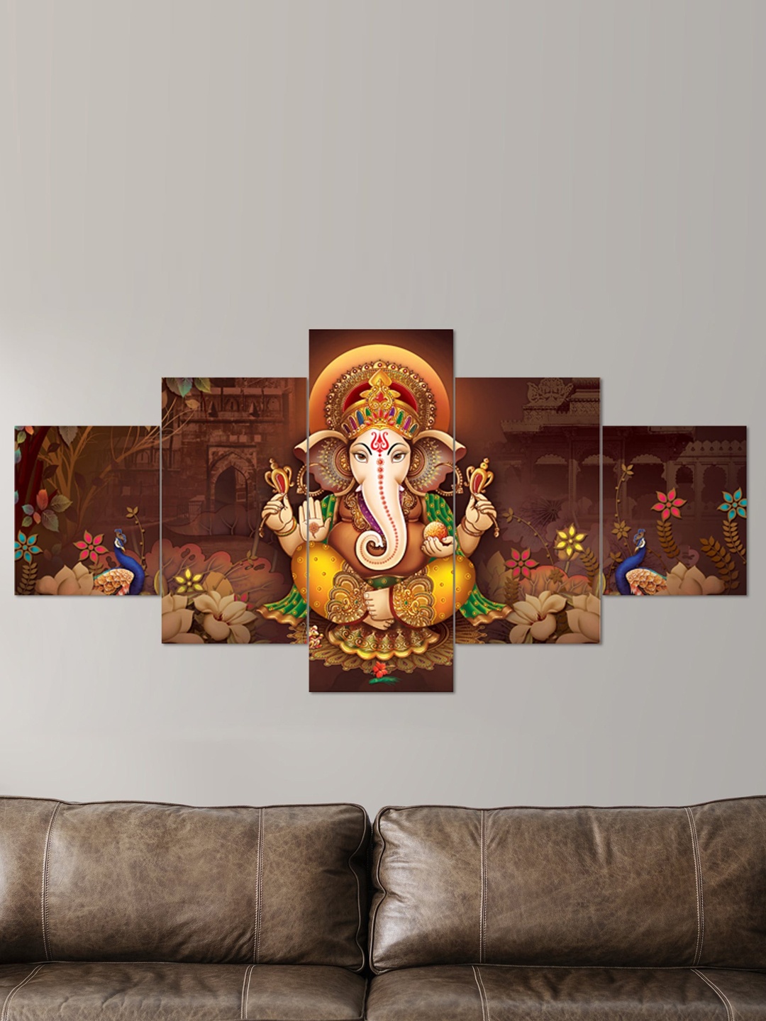 

Clasiko Set Of 5 Ganesh Ji With Peacock 3D Wall Painting With Frame, Brown