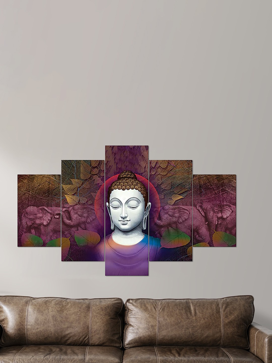 

Clasiko Set Of 5 Buddha Face With Purple Leaves Wall Art