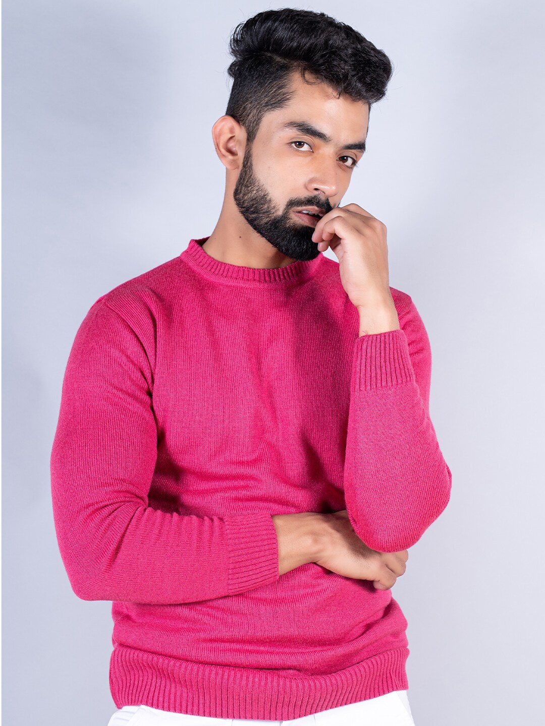 

Tistabene Men Round Neck Cotton Pullover Sweater, Pink