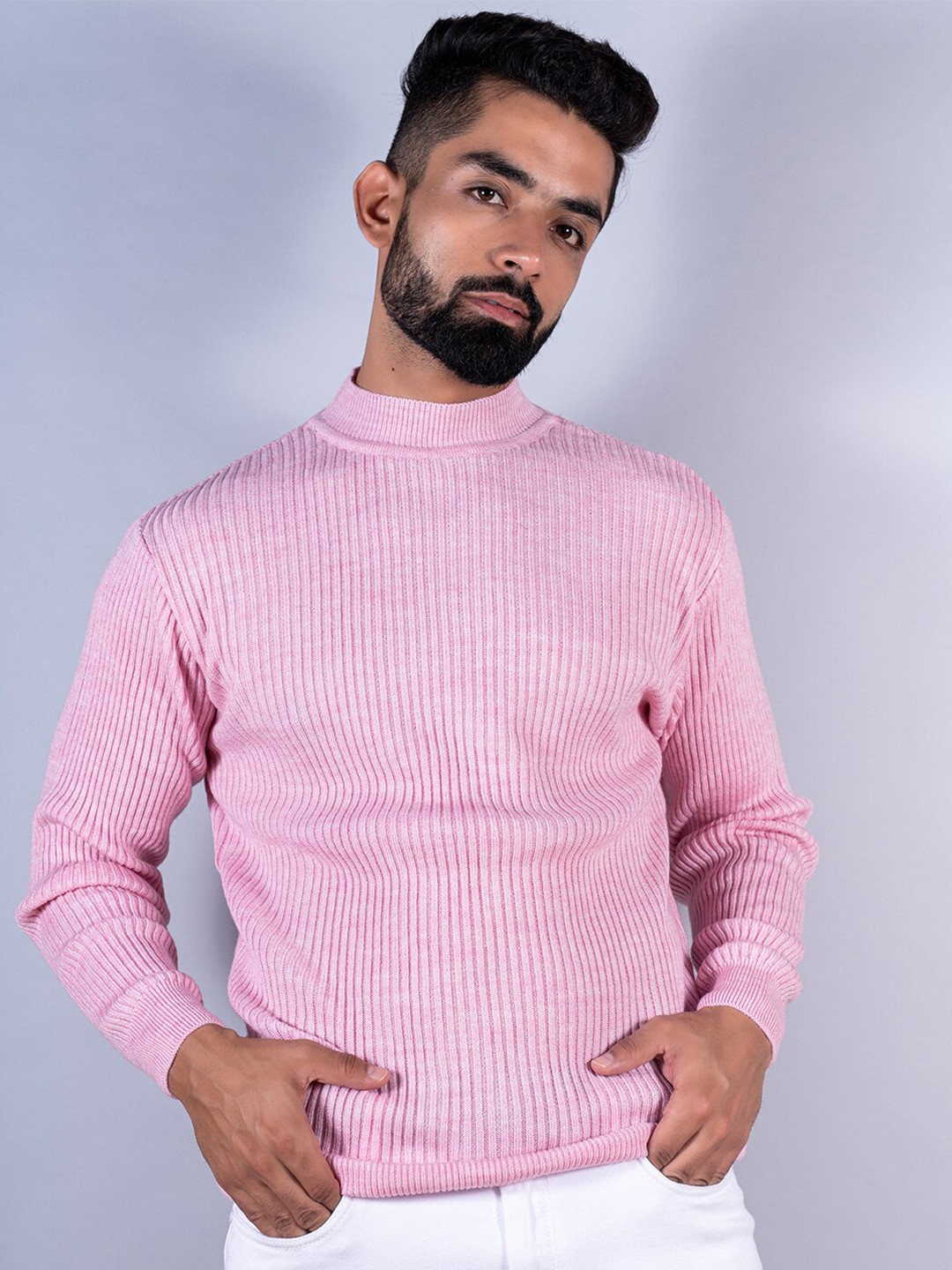 

Tistabene Men Mock Collar Wool Pullover Sweater, Pink