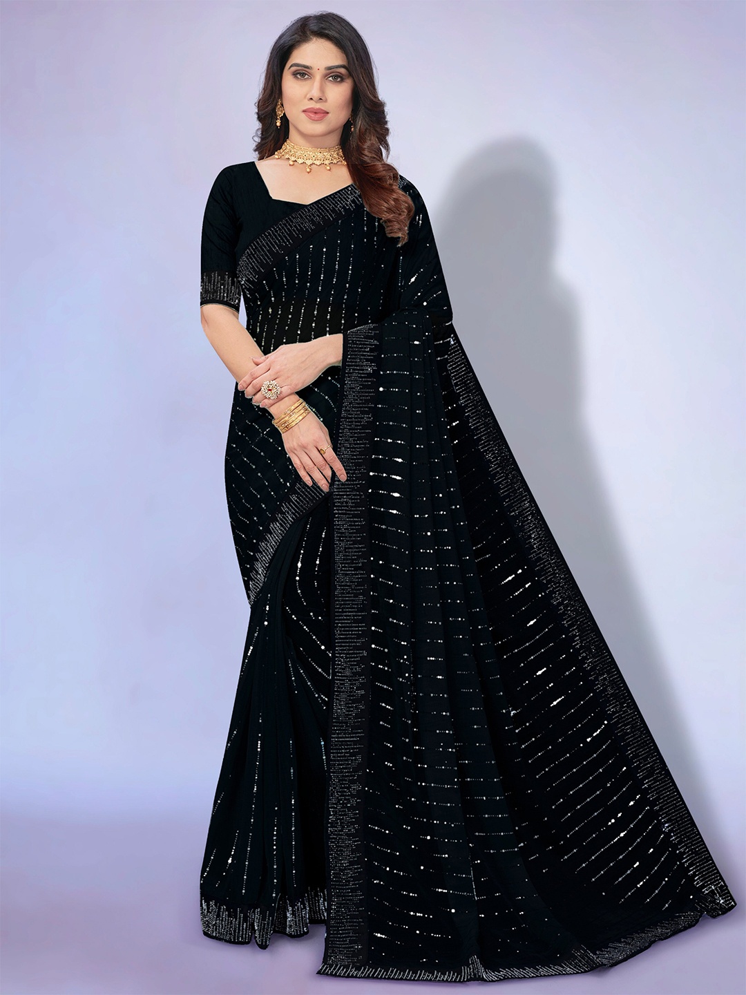 

Trendmalls Striped Stone Work Saree, Black