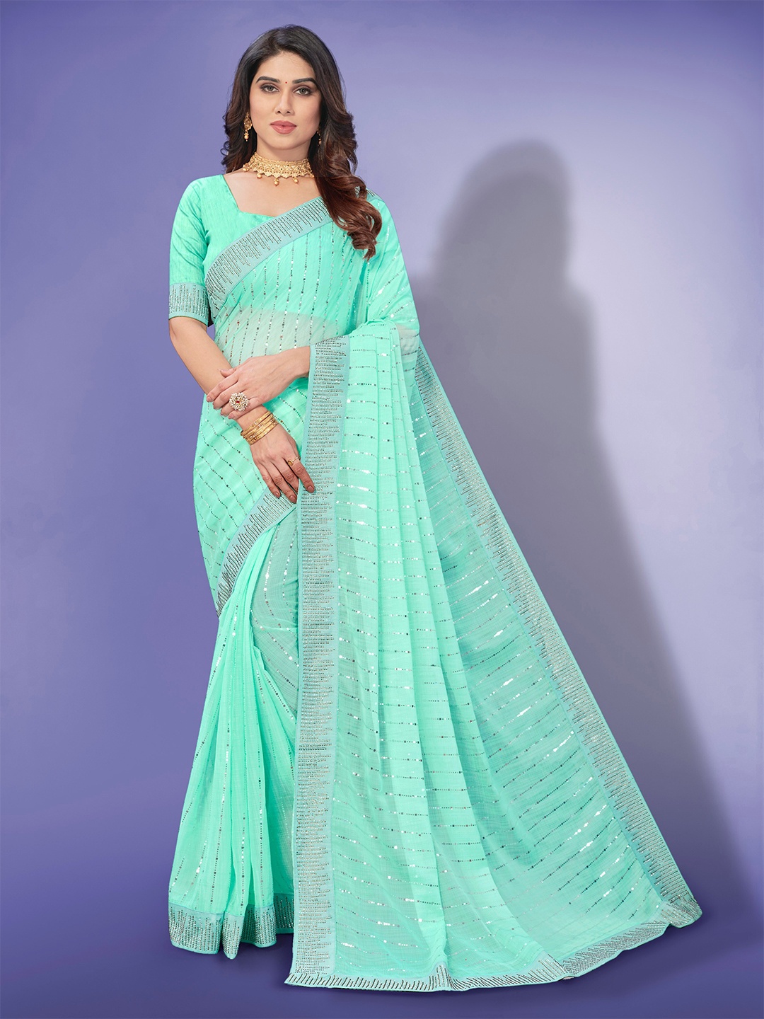 

Trendmalls Embellished Beads and Stones Saree, Turquoise blue