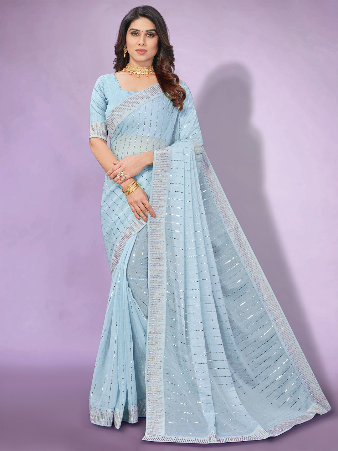 

Trendmalls Embellished Beads and Stones Saree, Grey