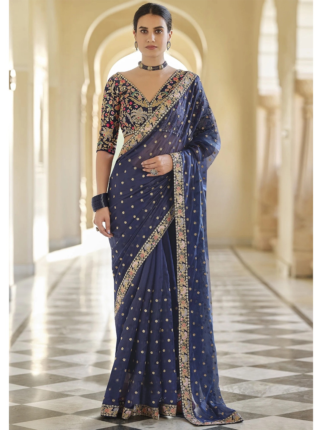 

Trendmalls Embroidered Pure Silk Saree, Blue