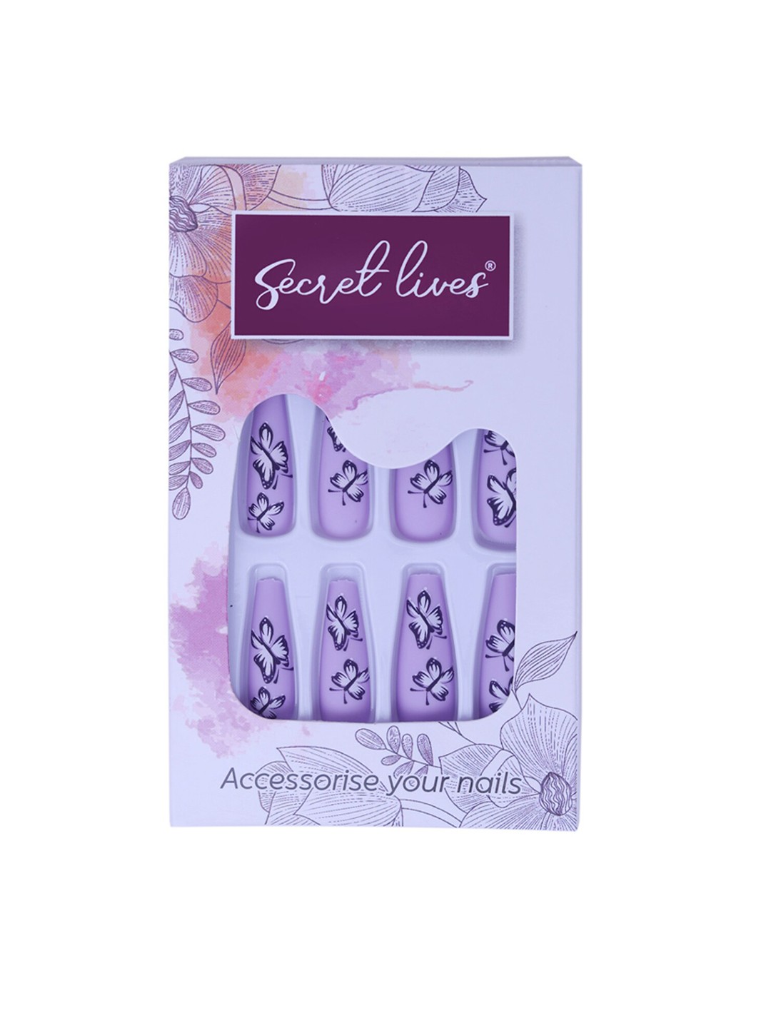 

Secret Lives 24 Pcs Long Matte Butterfly Design False Nails - Purple