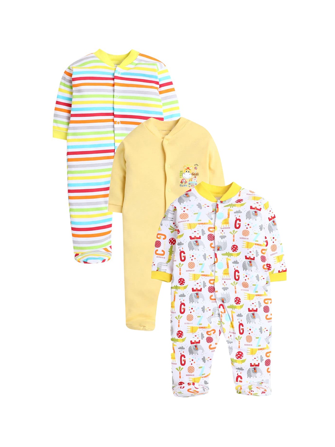 

EIO Infants Pack Of 3 Printed Pure Cotton Rompers, Yellow