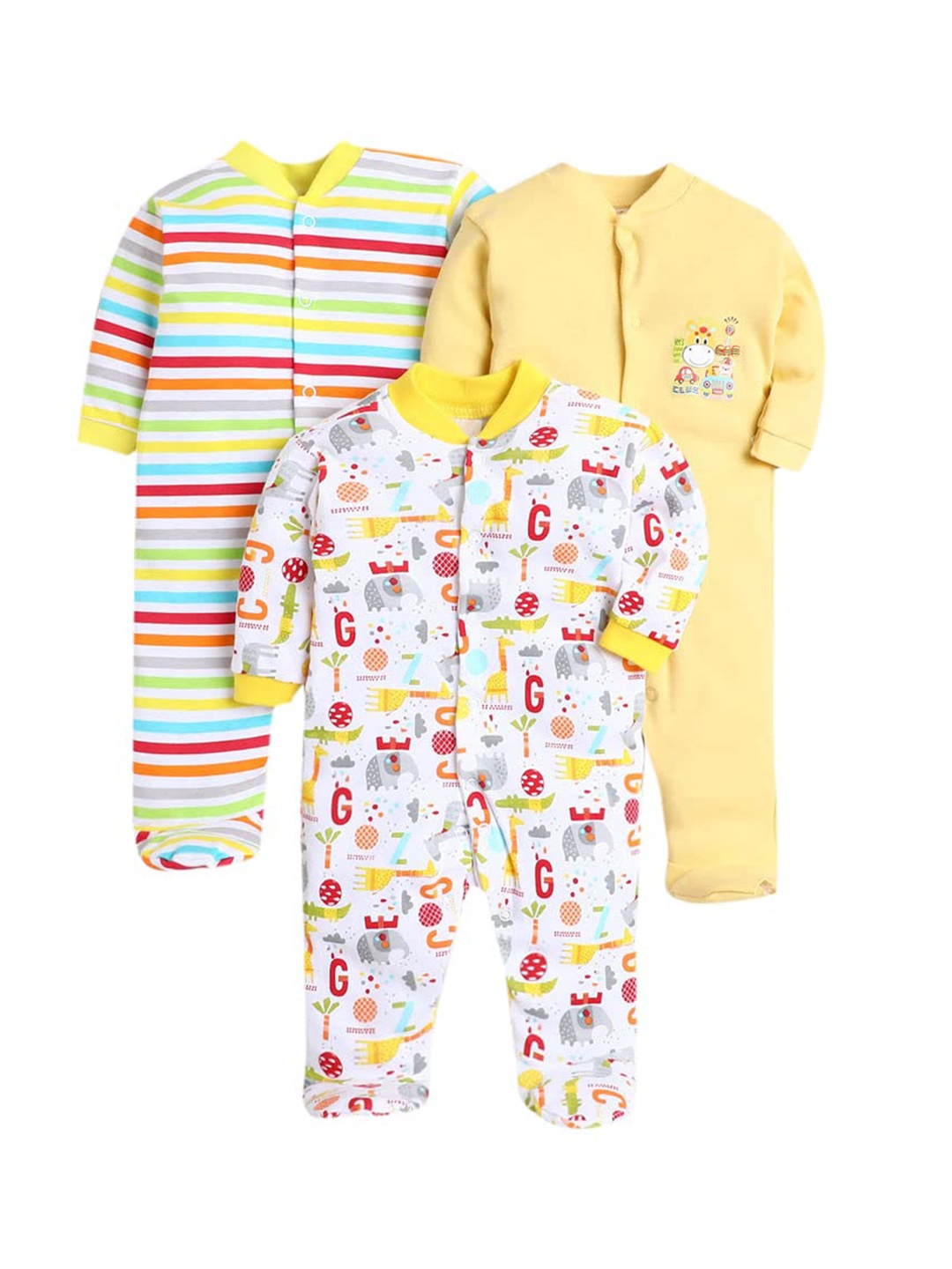 

EIO Infants Pack Of 3 Printed Pure Cotton Rompers, Yellow