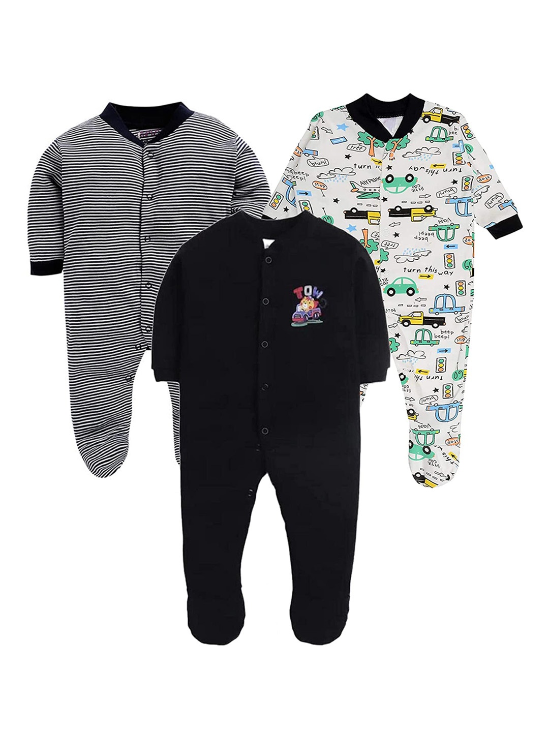 

EIO Kids Pack of 3 Printed Pure Cotton Rompers, Black