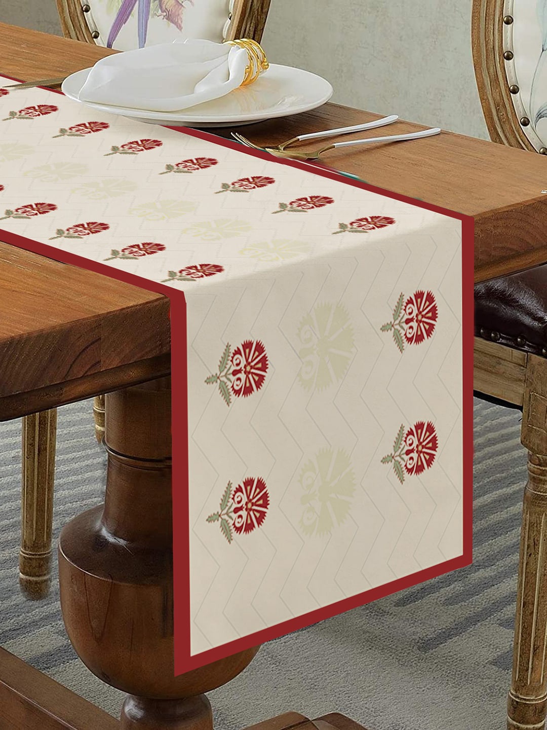 

homewards Red & Cream-Colored Floral Printed Table Runner