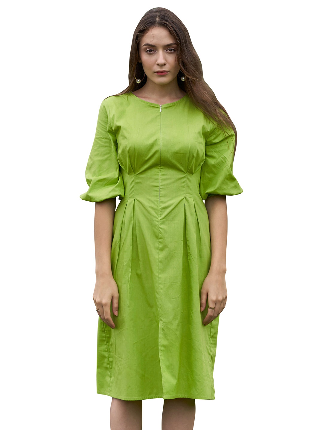 

NEOFAA Puff Sleeves Fit & Flare Dress, Green