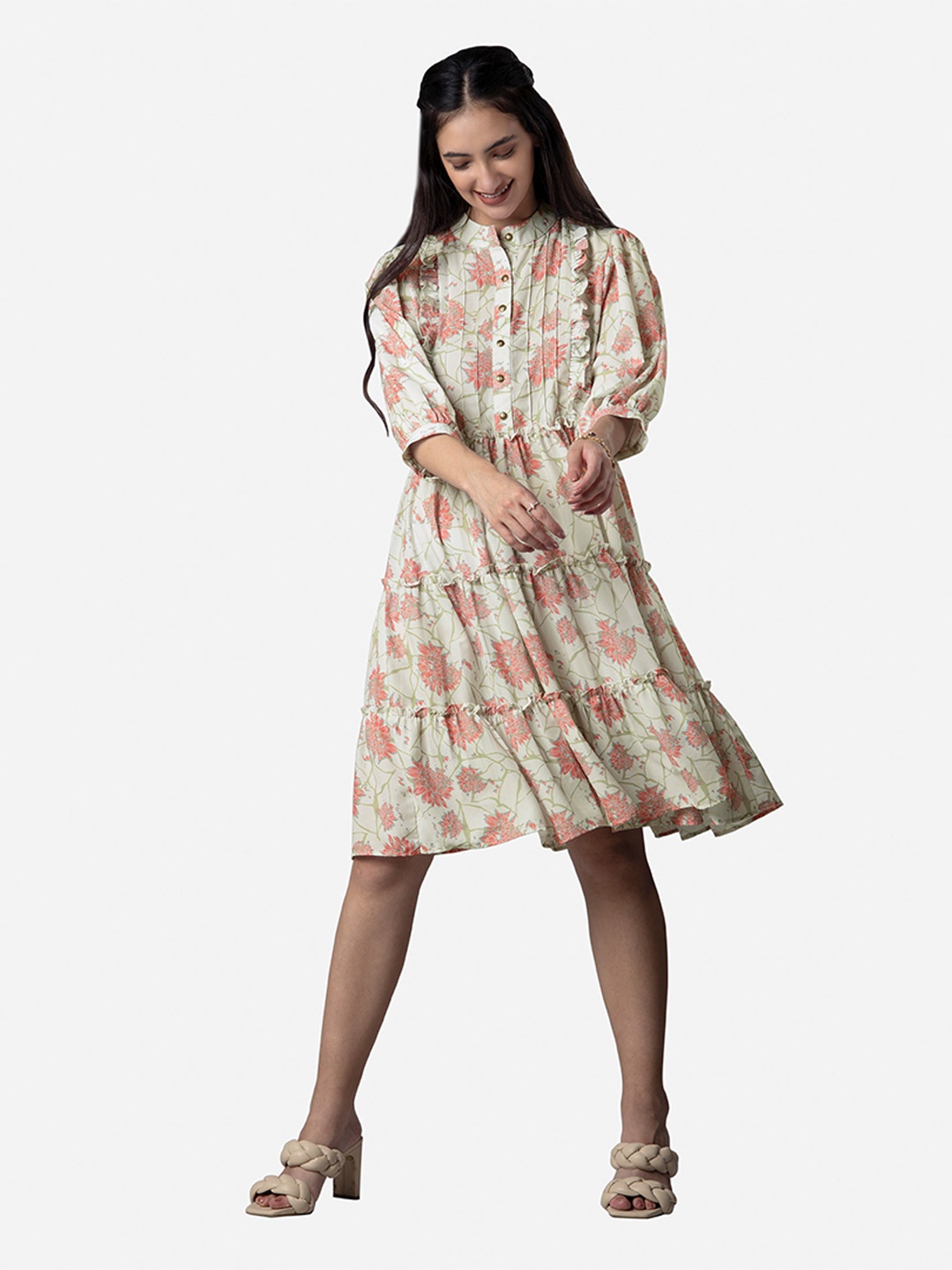 

NEOFAA Mandarin Collar Floral Printed Fit & Flare Dress, Off white