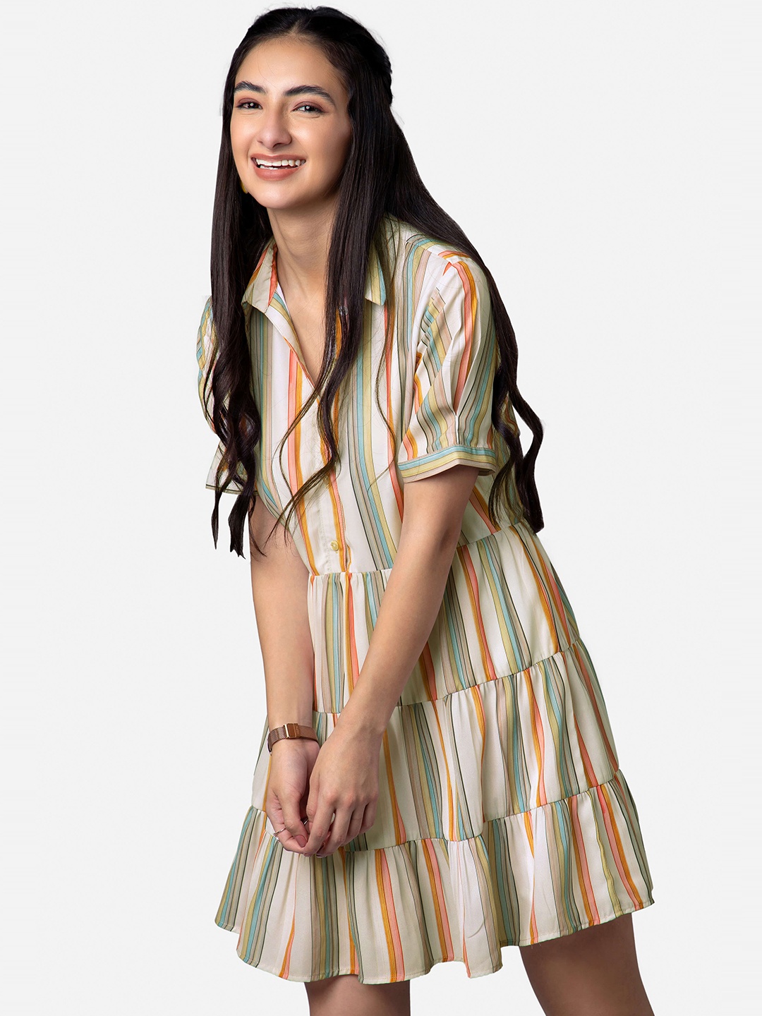 

NEOFAA Shirt Collar Striped Printed Dress, Green