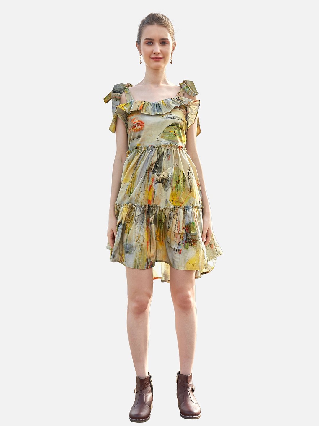 

NEOFAA Floral Printed Tiered Fit And Flare Dress, Grey