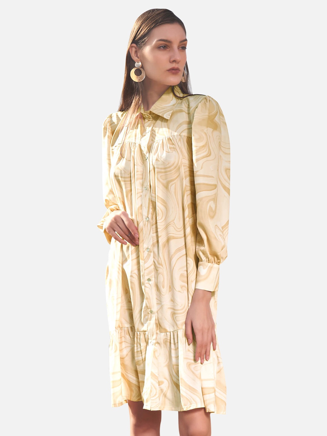 

NEOFAA Abstract Printed Flounce Shirt Dress, Beige