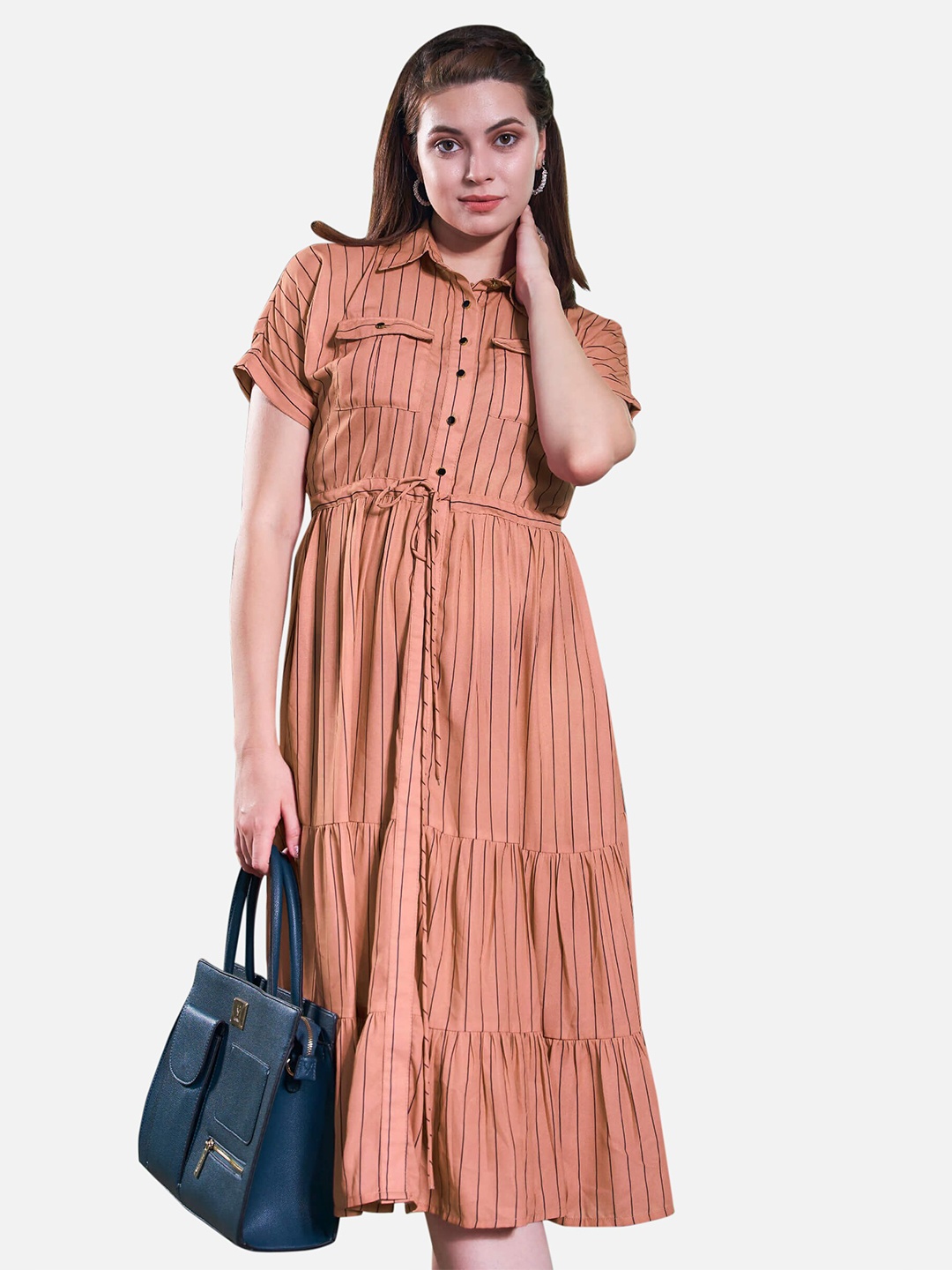 

NEOFAA Striped Shirt Collar Tiered Dress, Peach