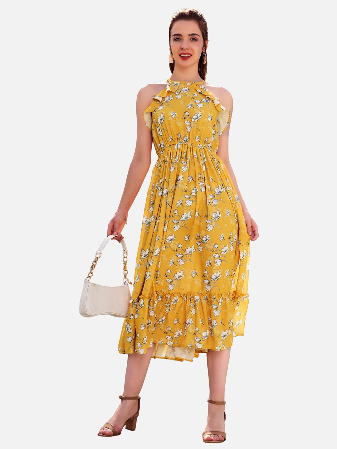 

NEOFAA Floral Halter Neck Midi Dress, Yellow