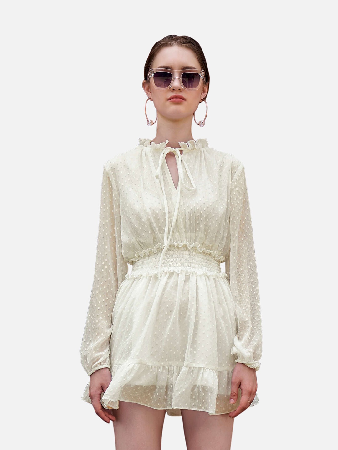 

NEOFAA Self Design Tie-Up Neck Fit and Flare Dress, Off white
