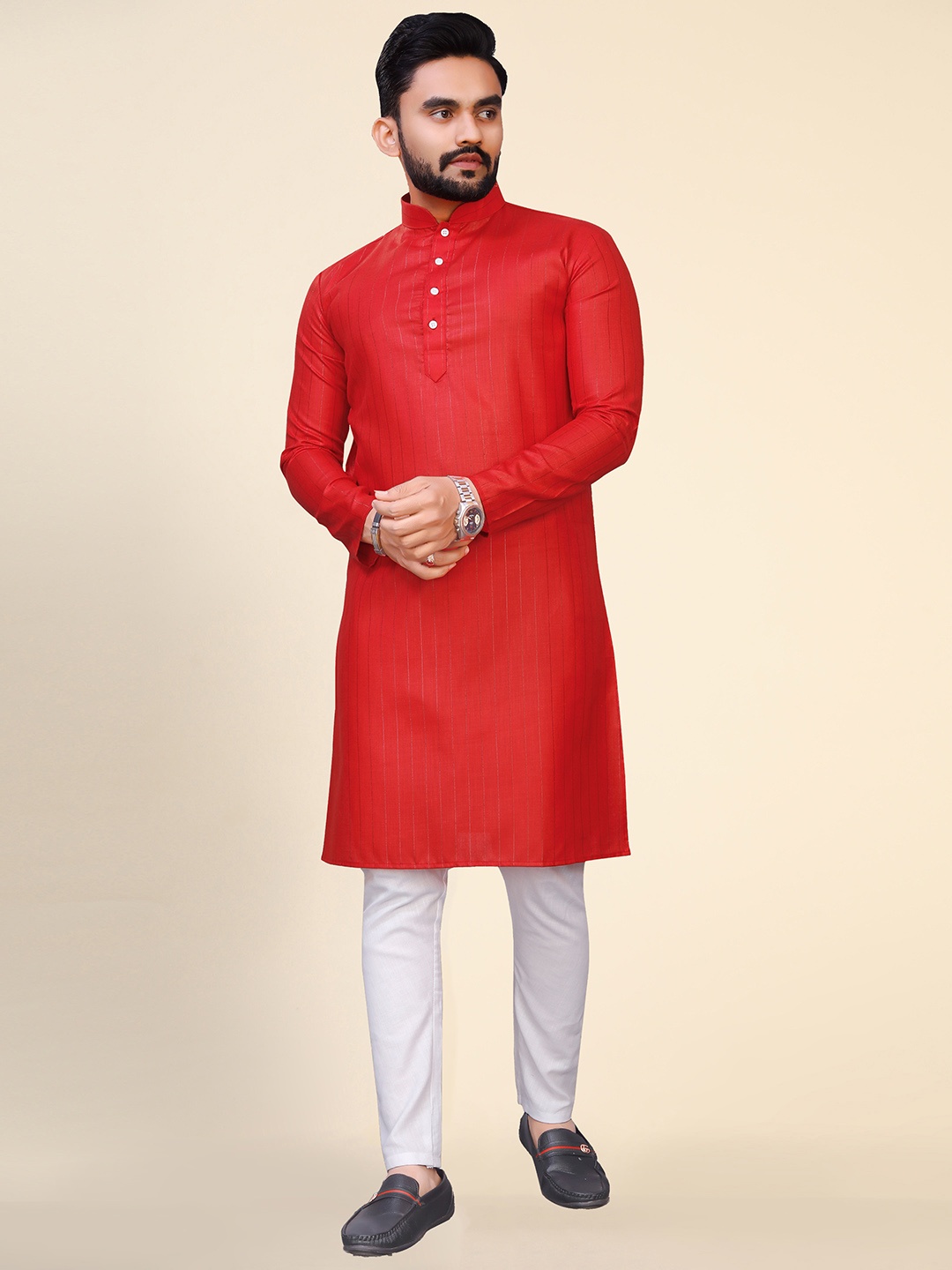 

Ekta Textiles Men Striped Pure Cotton Kurta with Pyjamas, Red