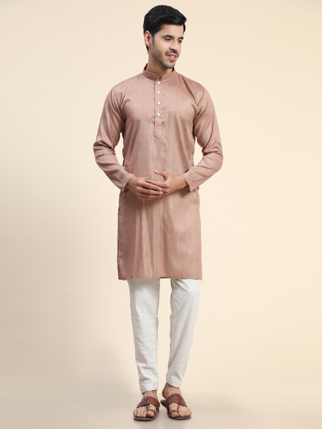 

Ekta Textiles Men Striped Pure Cotton Kurta with Pyjamas, Copper