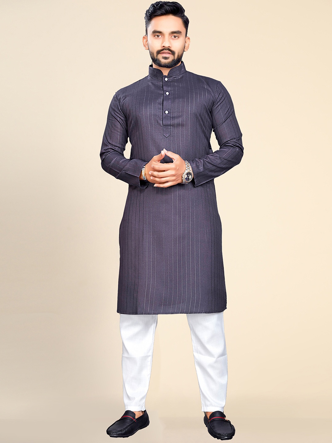 

Ekta Textiles Men Striped Pure Cotton Kurta with Pyjamas, Navy blue