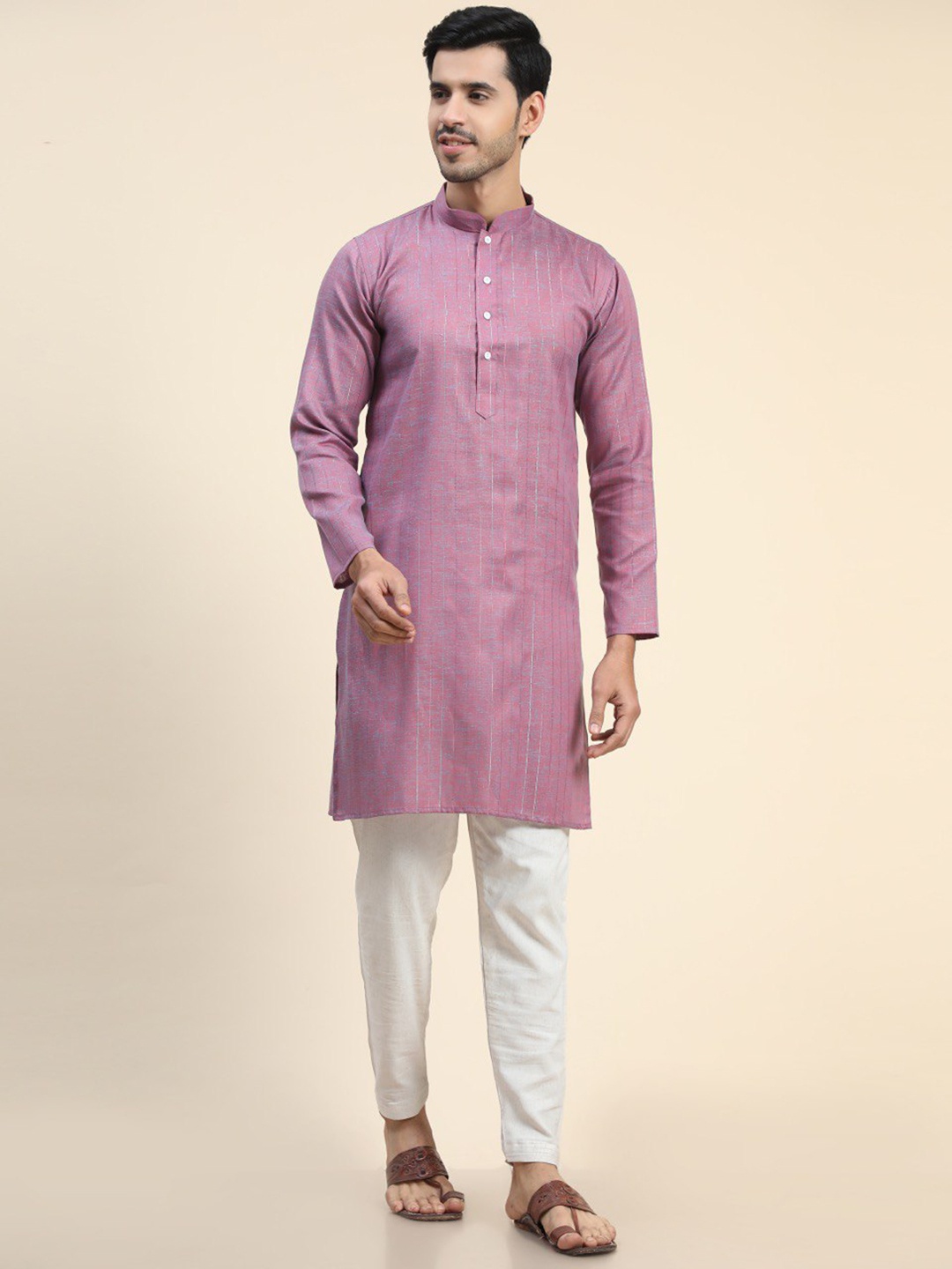 

Ekta Textiles Men Striped Pure Cotton Kurta with Pyjamas, Champagne