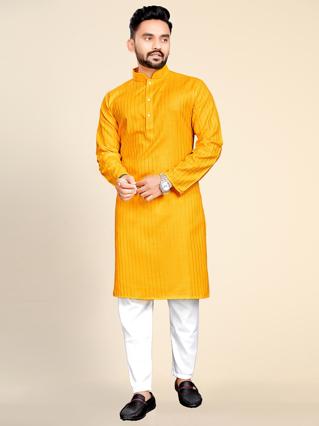 

Ekta Textiles Men Striped Pure Cotton Kurta with Pyjamas, Yellow