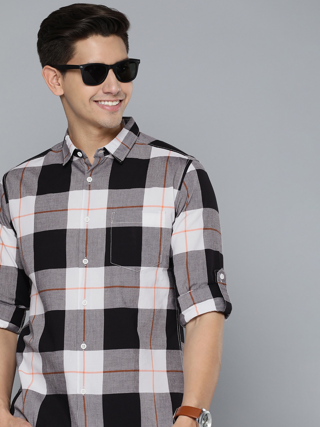 

HERE&NOW Men Black Slim Fit Tartan Checks Checked Casual Shirt