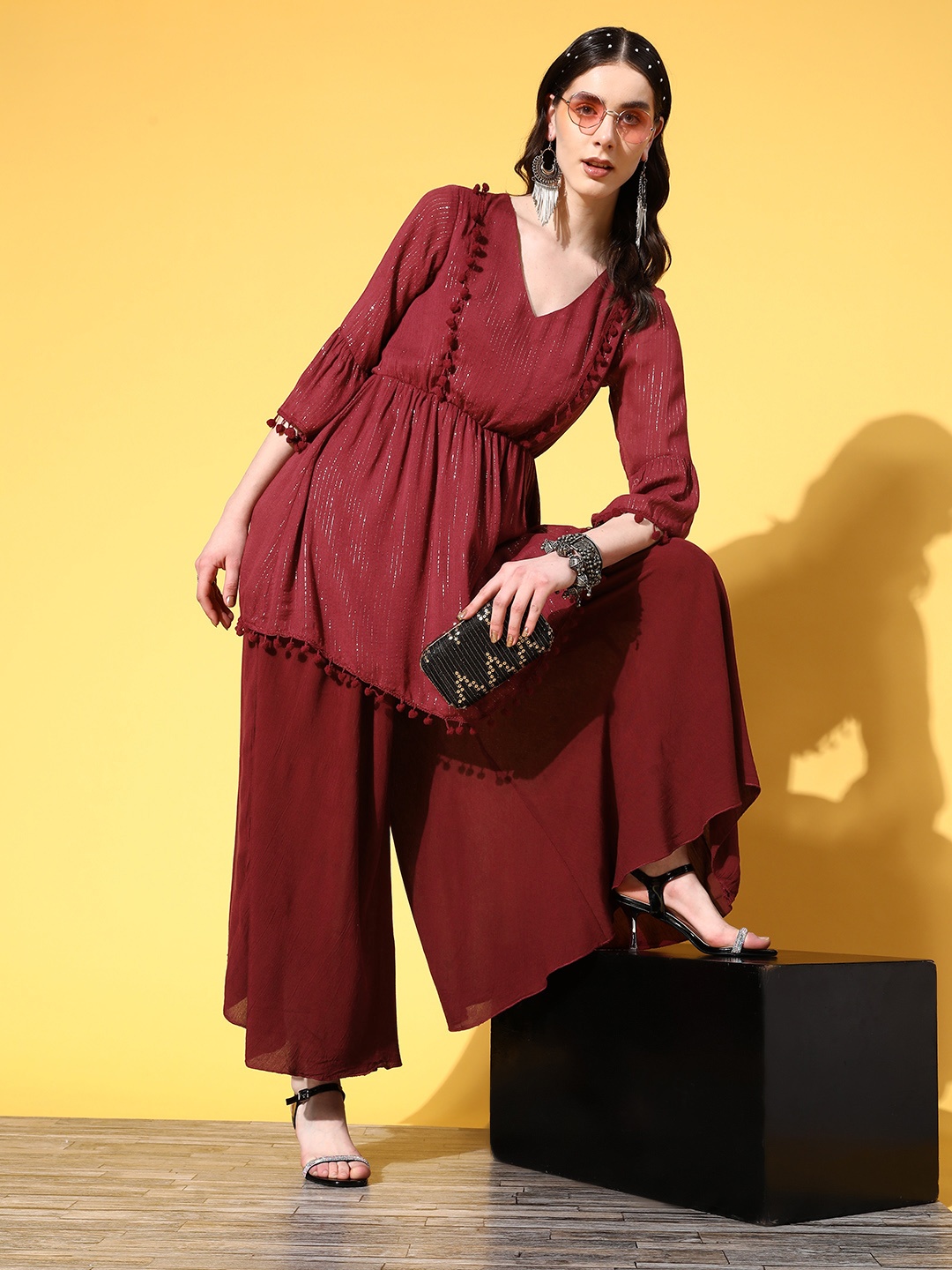 

InWeave Women Maroon Tunic & Palazzos Set