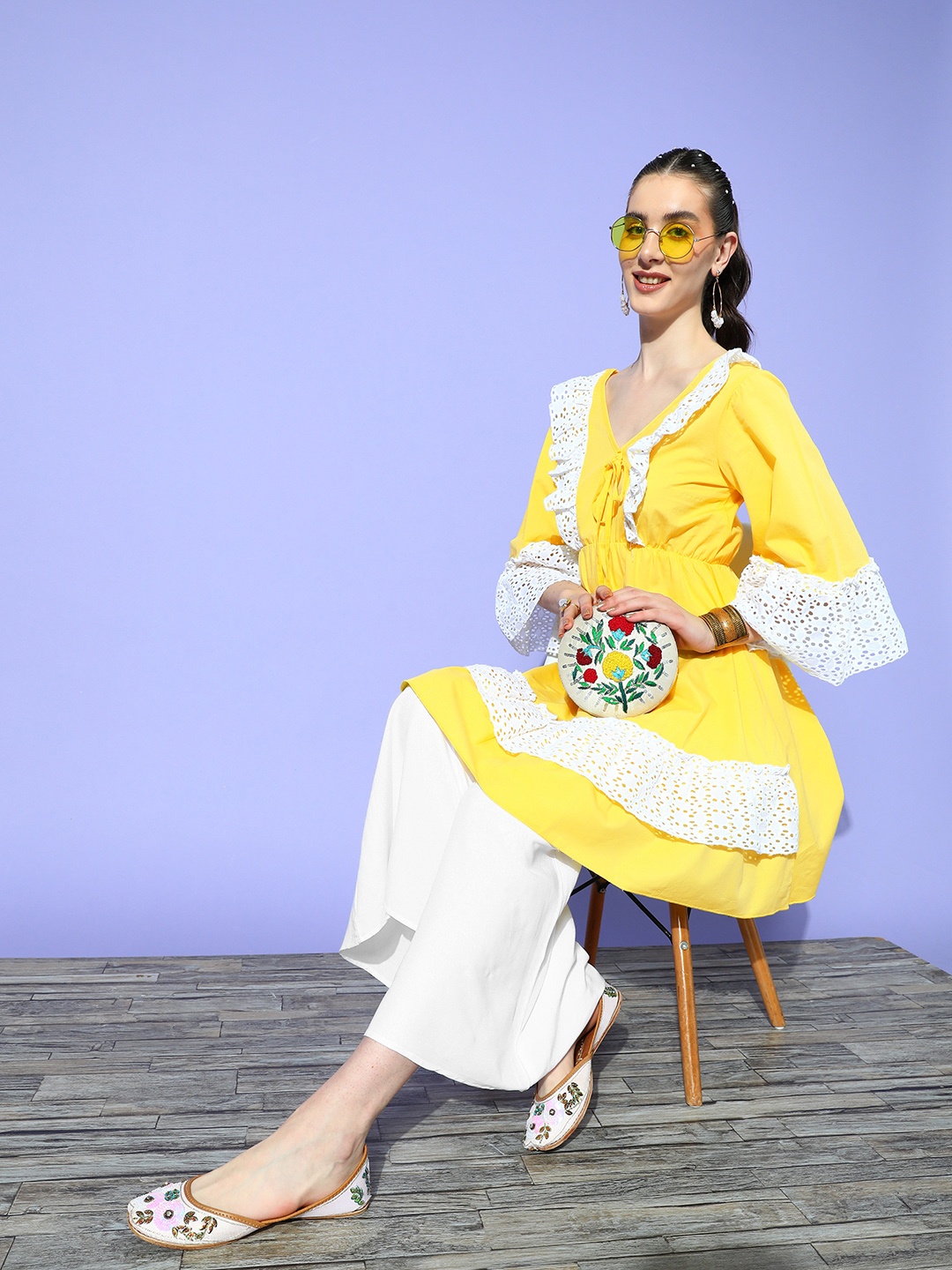 

InWeave Women Solid Ruffles V-Neck Tunic With Palazzos, Yellow
