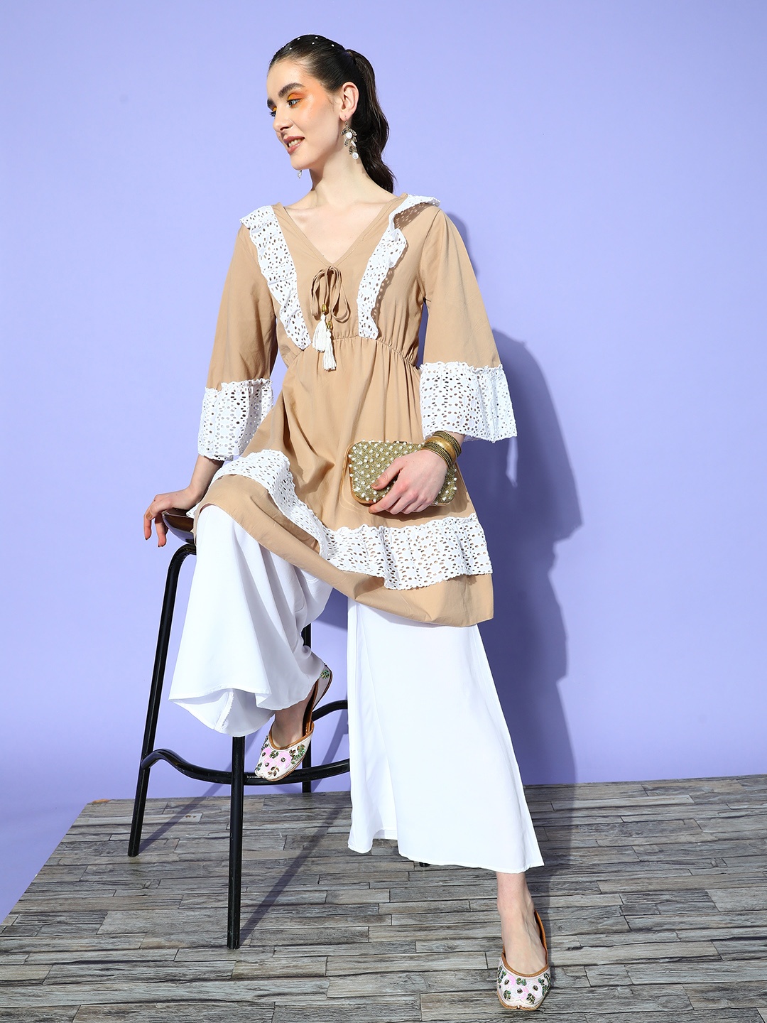 

InWeave Women Solid Ruffles V-Neck Tunic With Palazzos, Beige