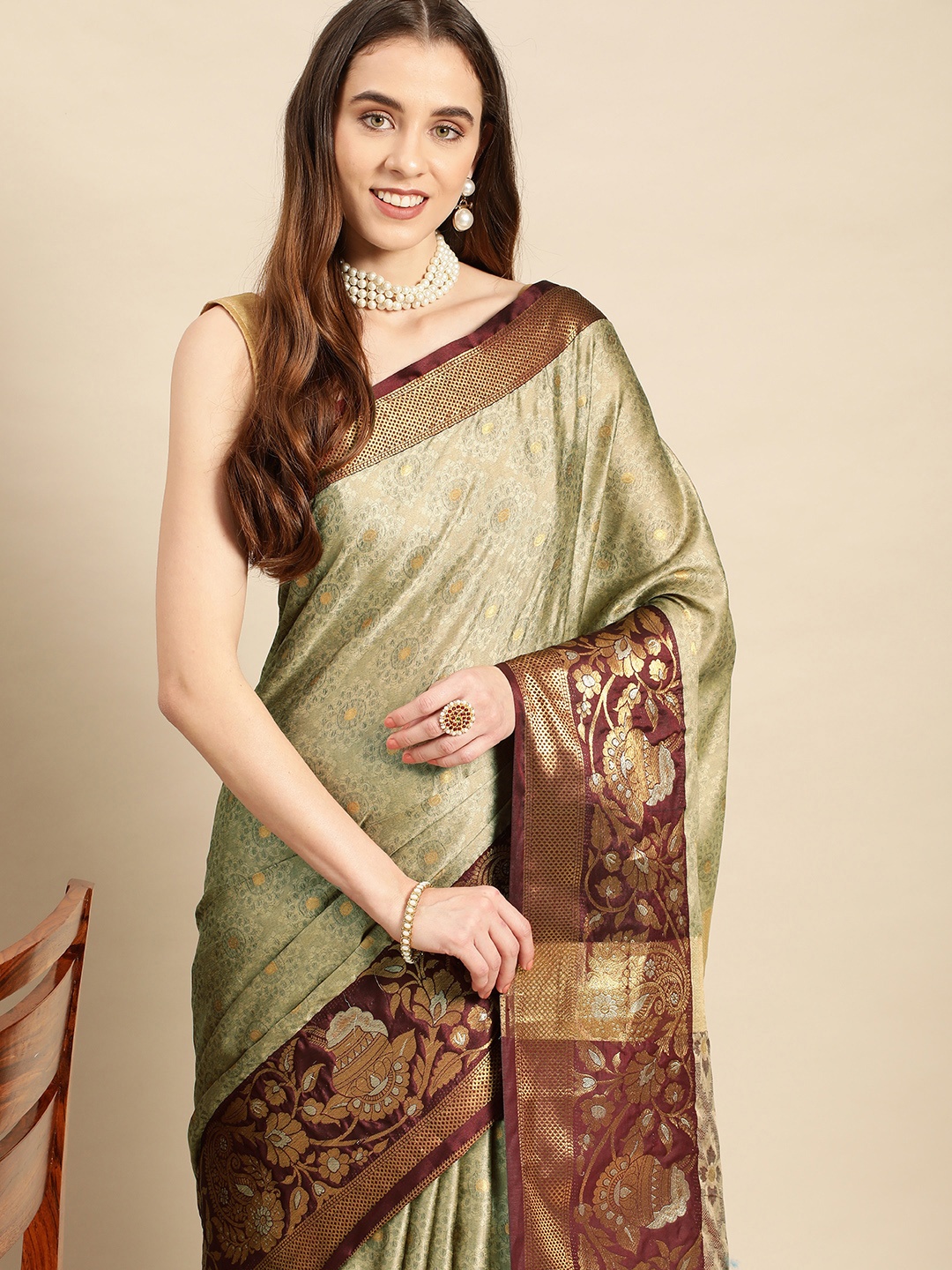 

WILORI Woven Design Ethnic Motifs Zari Silk Cotton Banarasi Saree, Beige