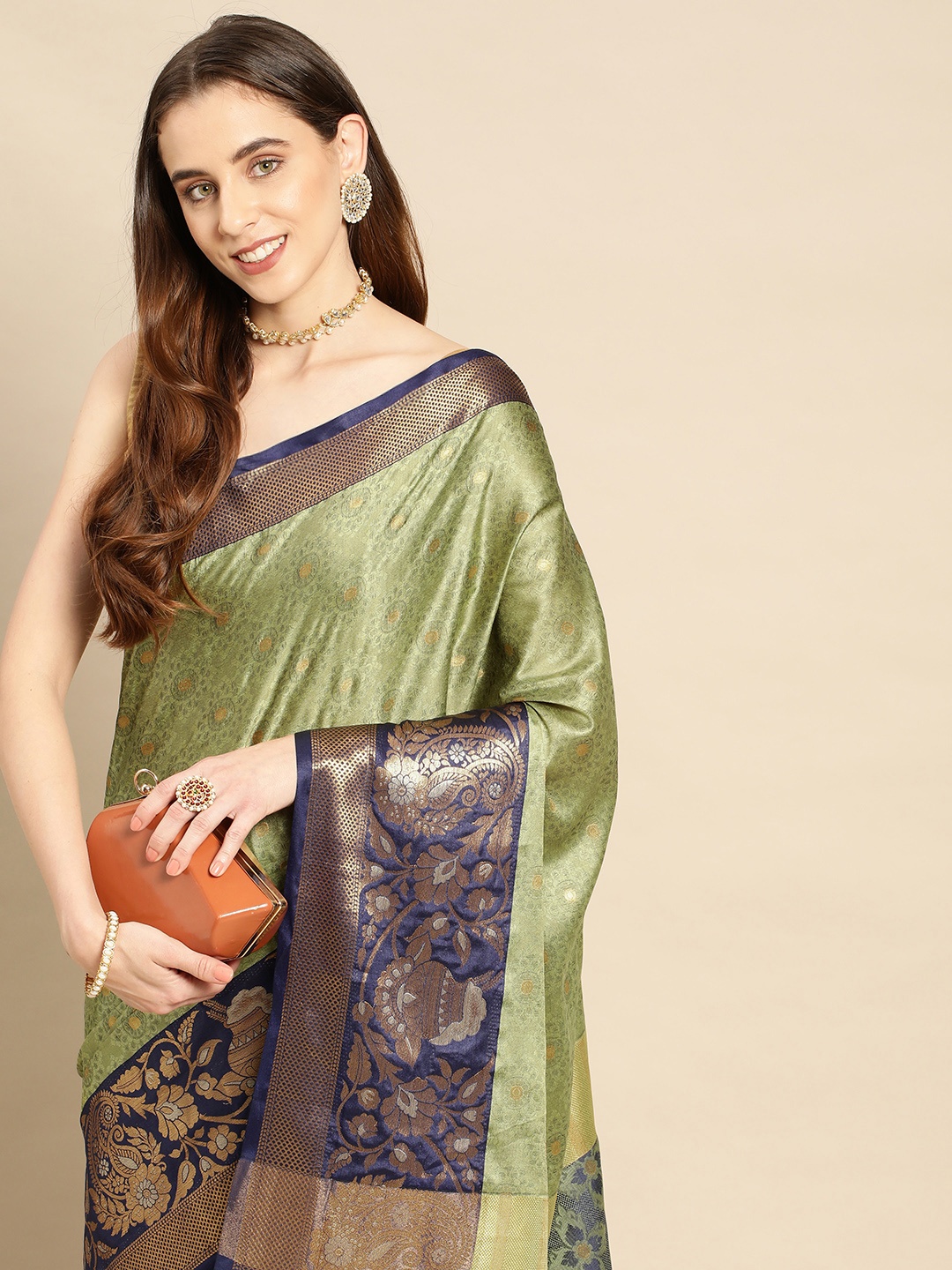 

WILORI Woven Design Ethnic Motifs Zari Silk Cotton Banarasi Saree, Green