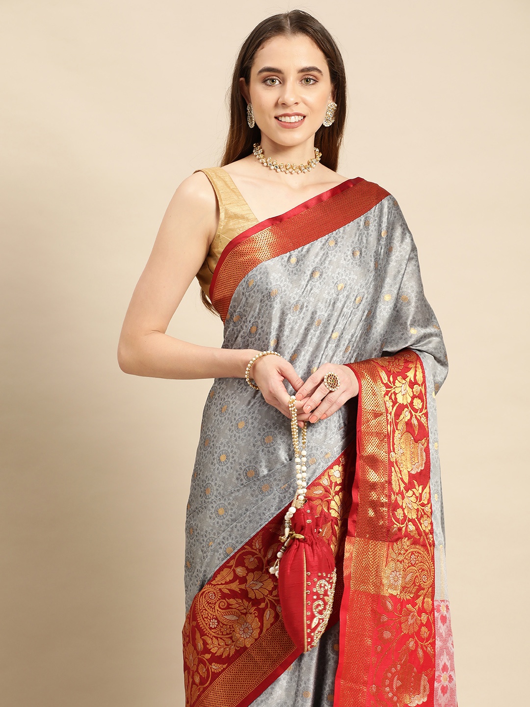 

WILORI Woven Design Ethnic Motifs Zari Silk Cotton Banarasi Saree, Grey