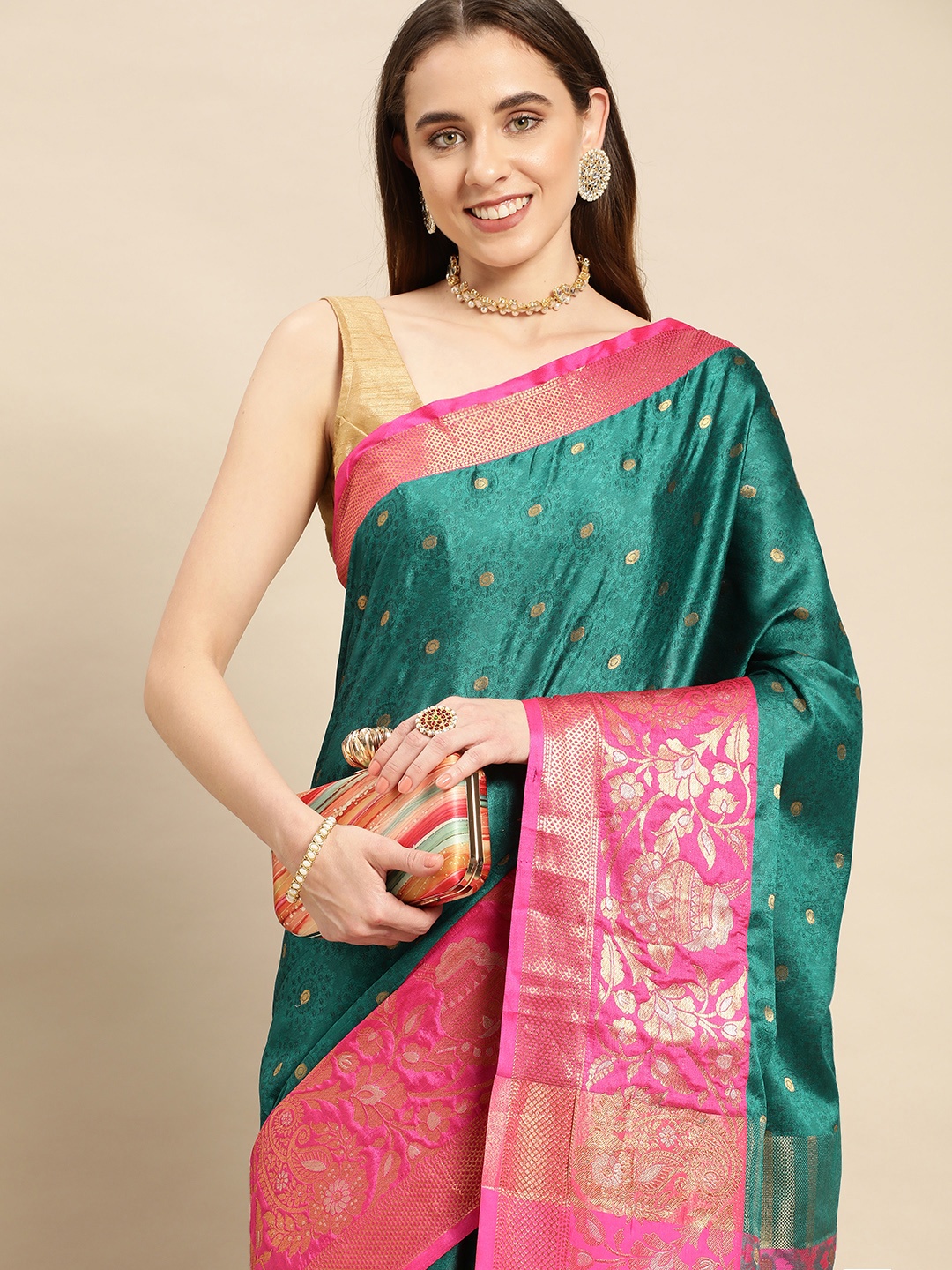 

WILORI Woven Design Ethnic Motifs Zari Silk Cotton Banarasi Saree, Teal