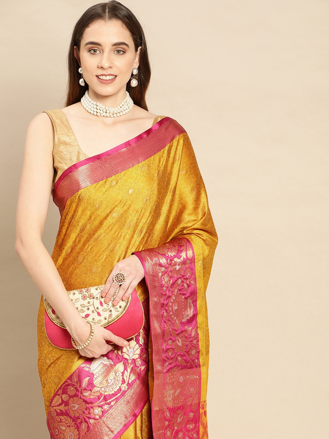 

WILORI Woven Design Ethnic Motifs Zari Silk Cotton Banarasi Saree, Mustard