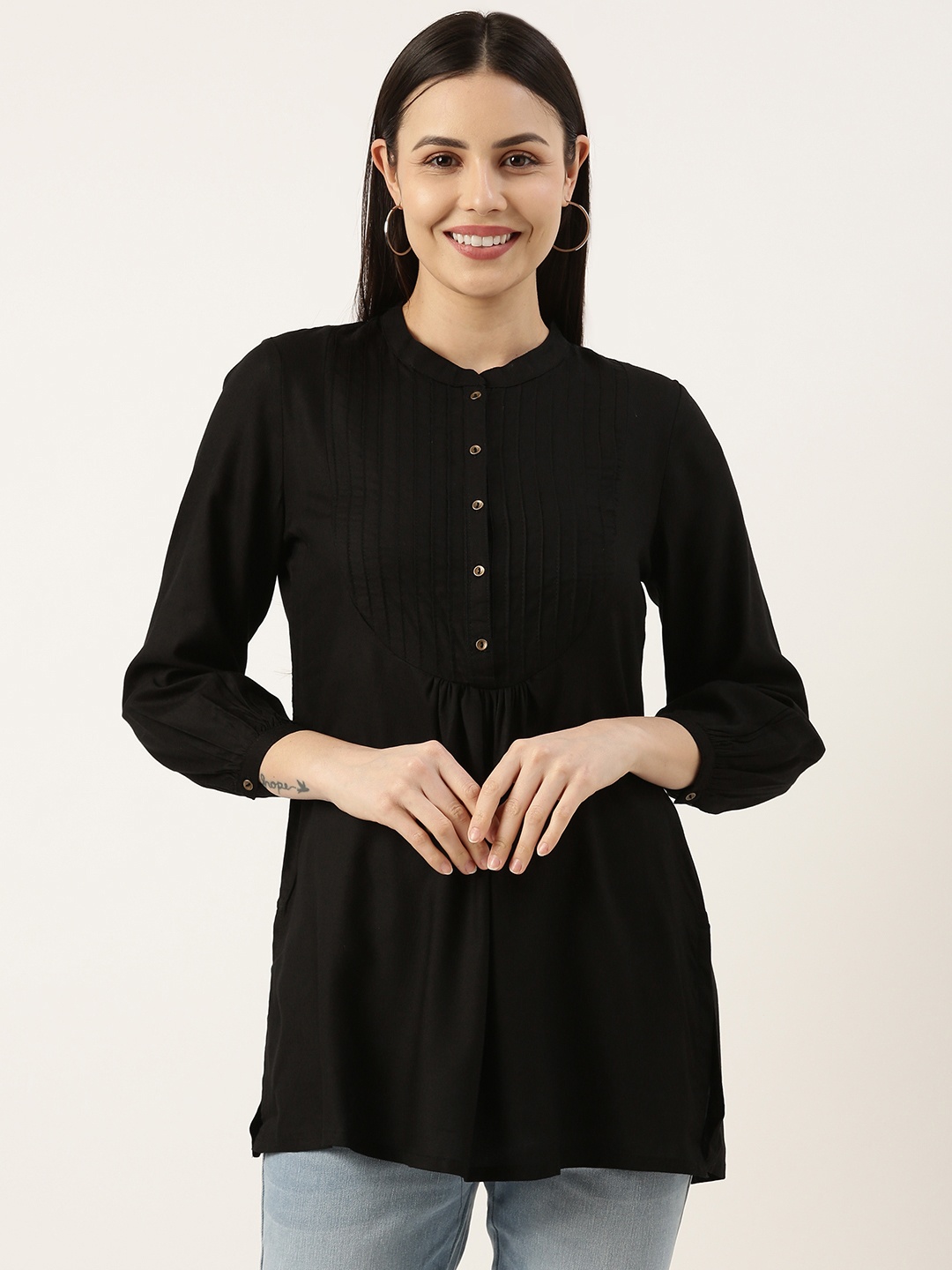 

AMUKTI Viscose Rayon Mandarin Collar Tunic, Black
