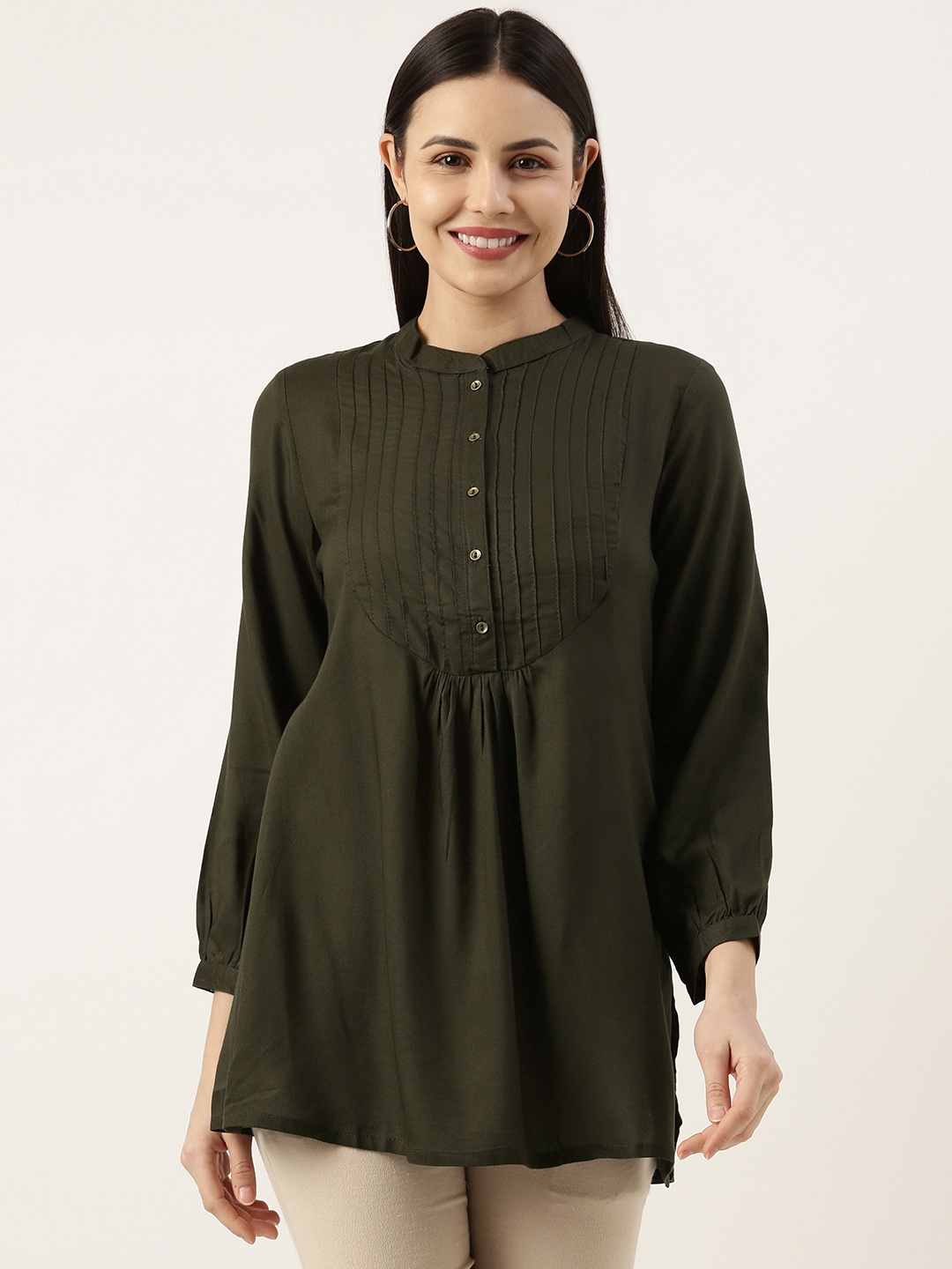 

AMUKTI Viscose Rayon Mandarin Collar Tunic, Green