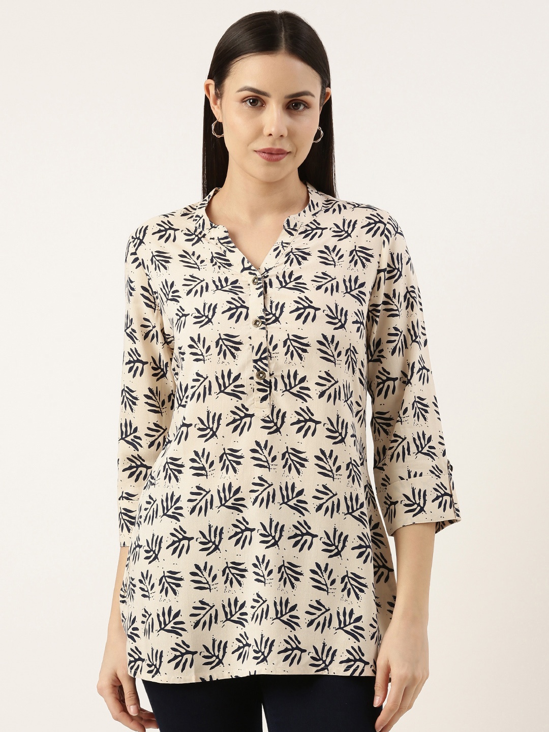 

AMUKTI Viscose Rayon Mandarin Collar Printed Tunic, Beige