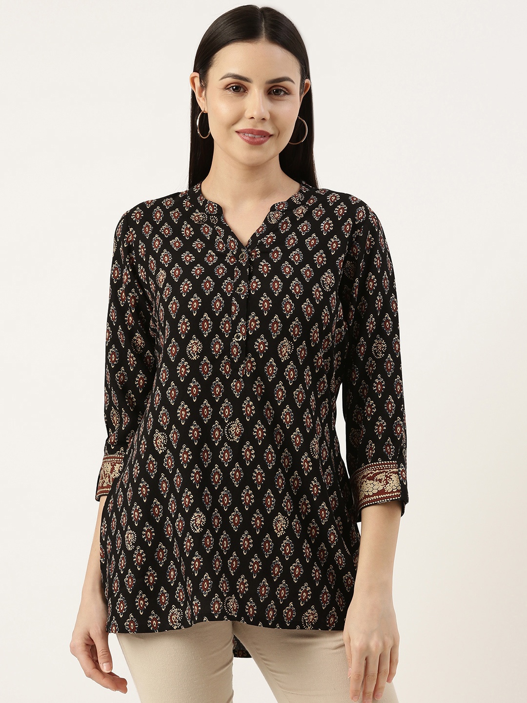 

AMUKTI Viscose Rayon Mandarin Collar Printed Tunic, Black