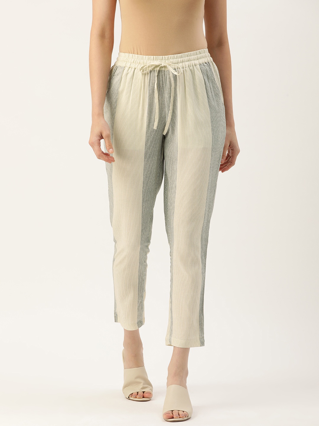 

AMUKTI Pencil Striped Pleated Trousers, White