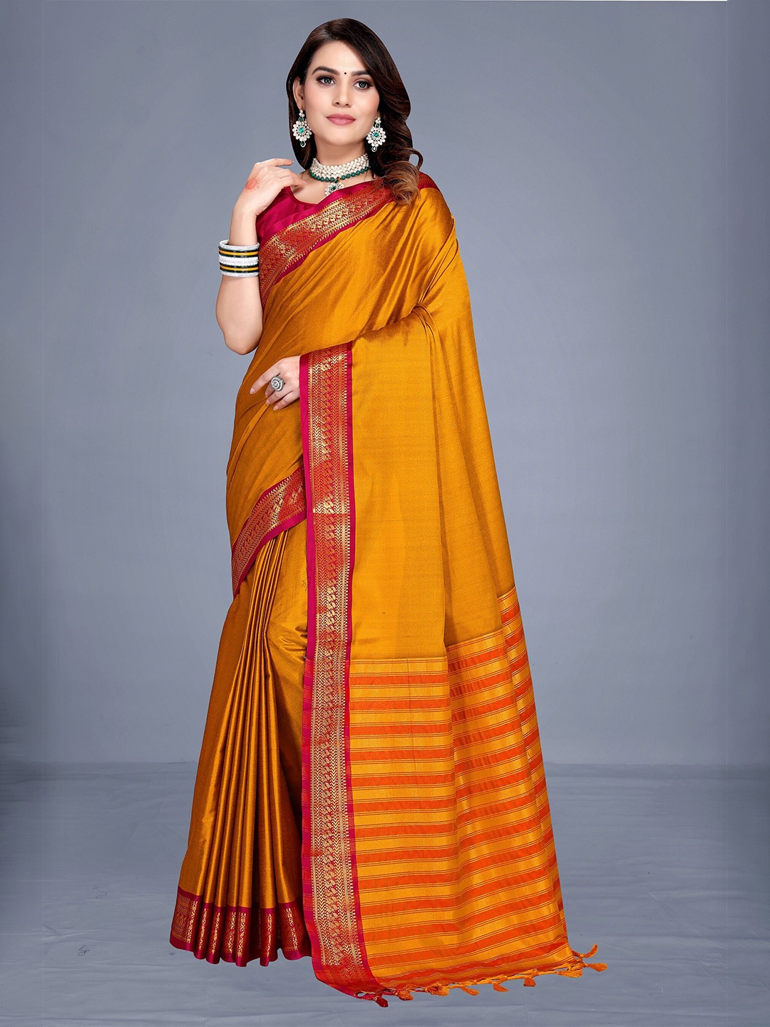 

VENISA Embellished Striped Silk Saree, Mustard