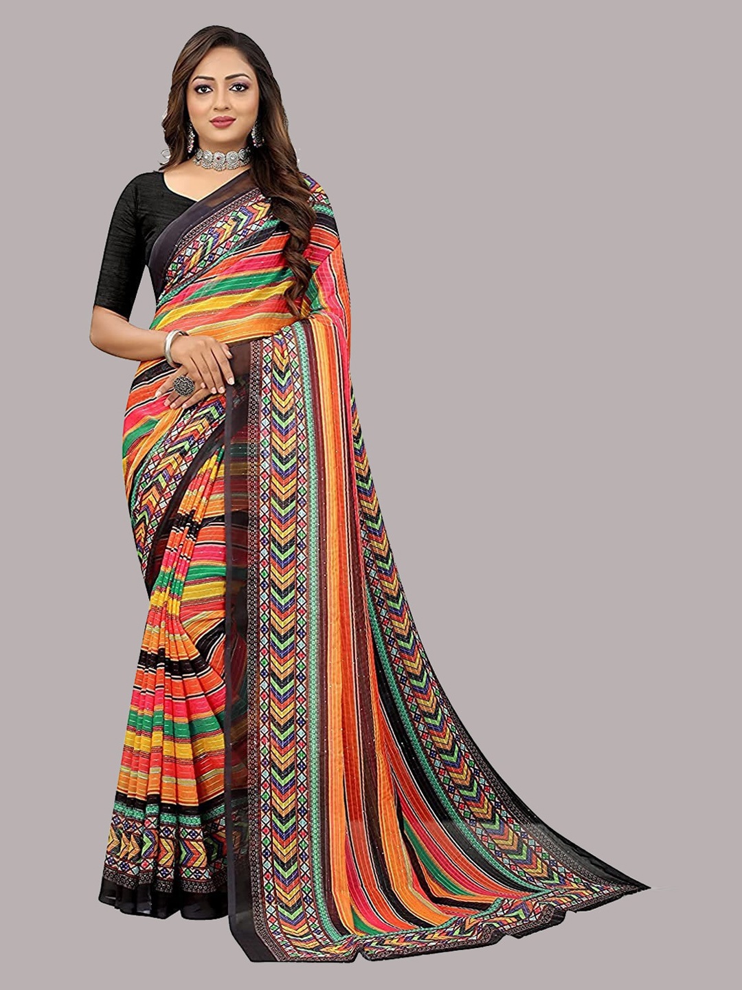 

YOYO Fashion Orange Striped Saree