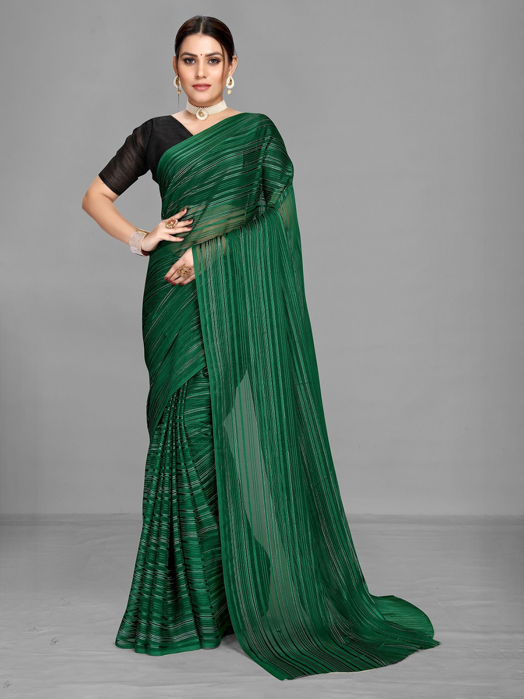 

YOYO Fashion Green Striped Saree
