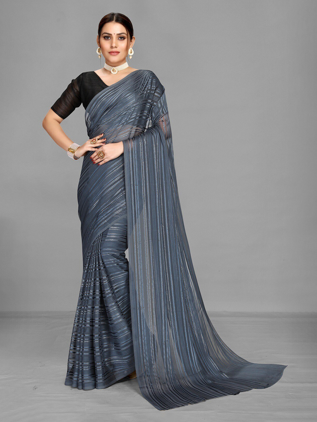 

YOYO Fashion Striped Saree, Grey