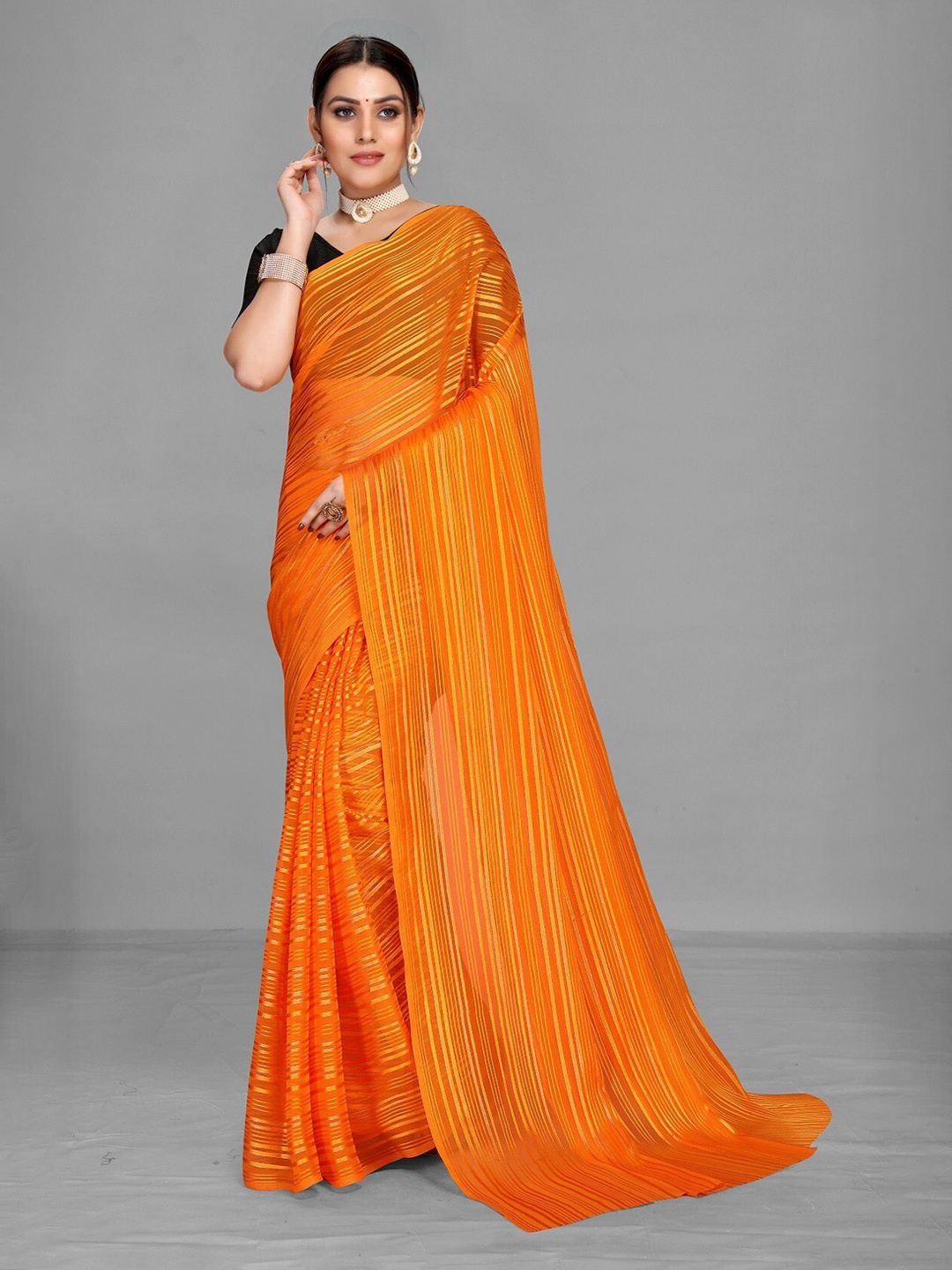 

YOYO Fashion No Border Striped Saree, Orange