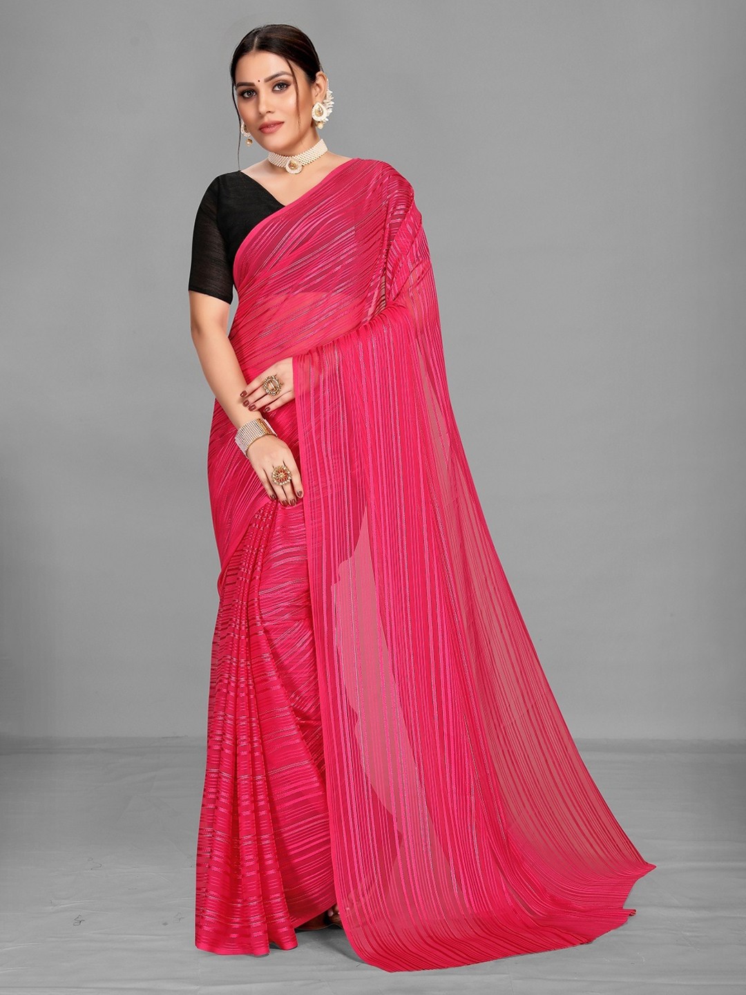 

YOYO Fashion Pink Striped Saree