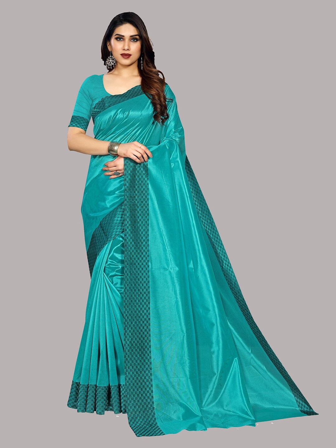 

YOYO Fashion Checked Border Cotton Blend Saree, Blue