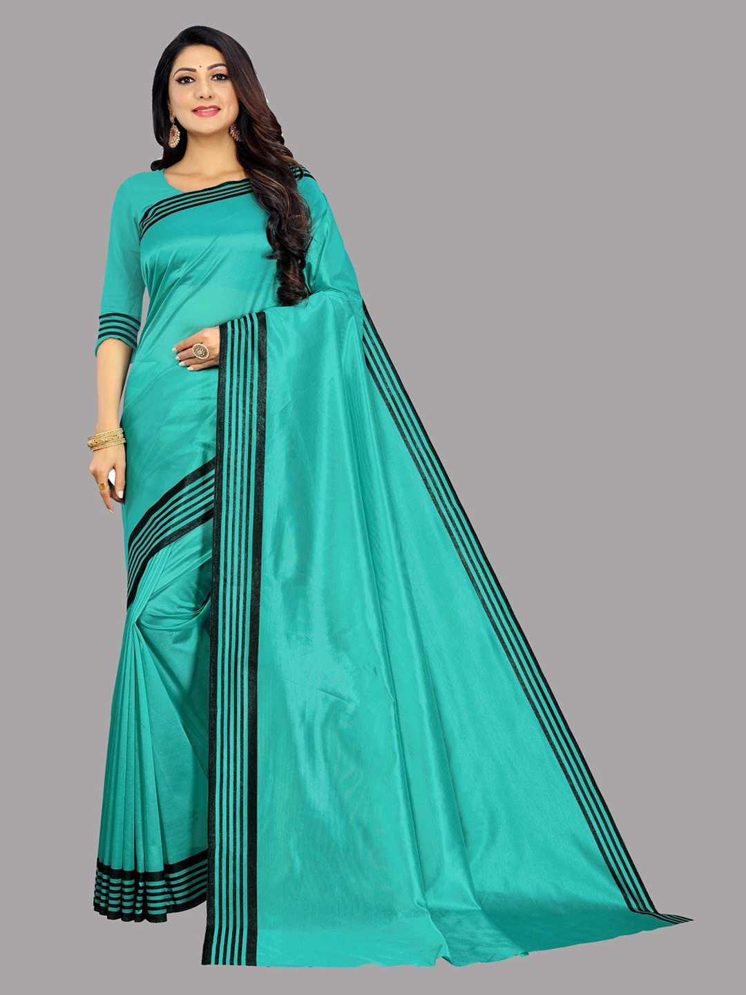 

YOYO Fashion Striped Border Cotton Blend Saree, Blue